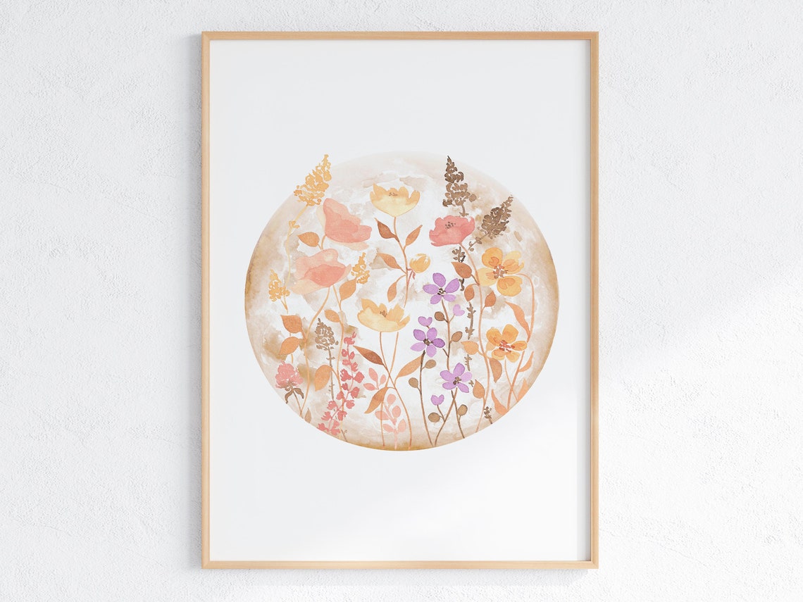 Boho Floral Moon Watercolor Botanical Celestial Bedroom Poster