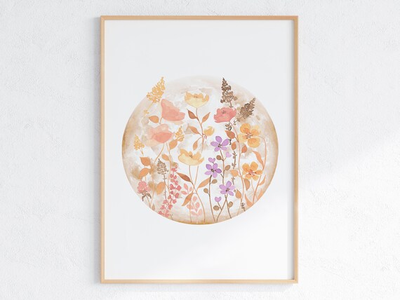 Boho Floral Moon Watercolor Botanical Celestial Bedroom Poster