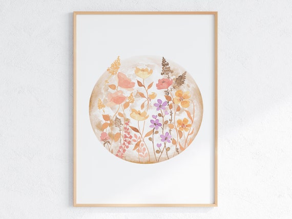 Boho Wildflower Moon Print Floral Moon Watercolor Neutral Flower Moon Artwork Boho Celestial Poster