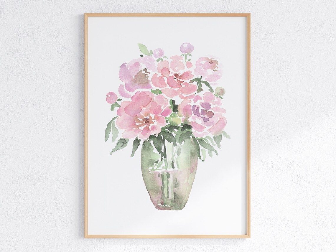 Pink Peony Bouquet Watercolor Floral Painting In Vase Poster