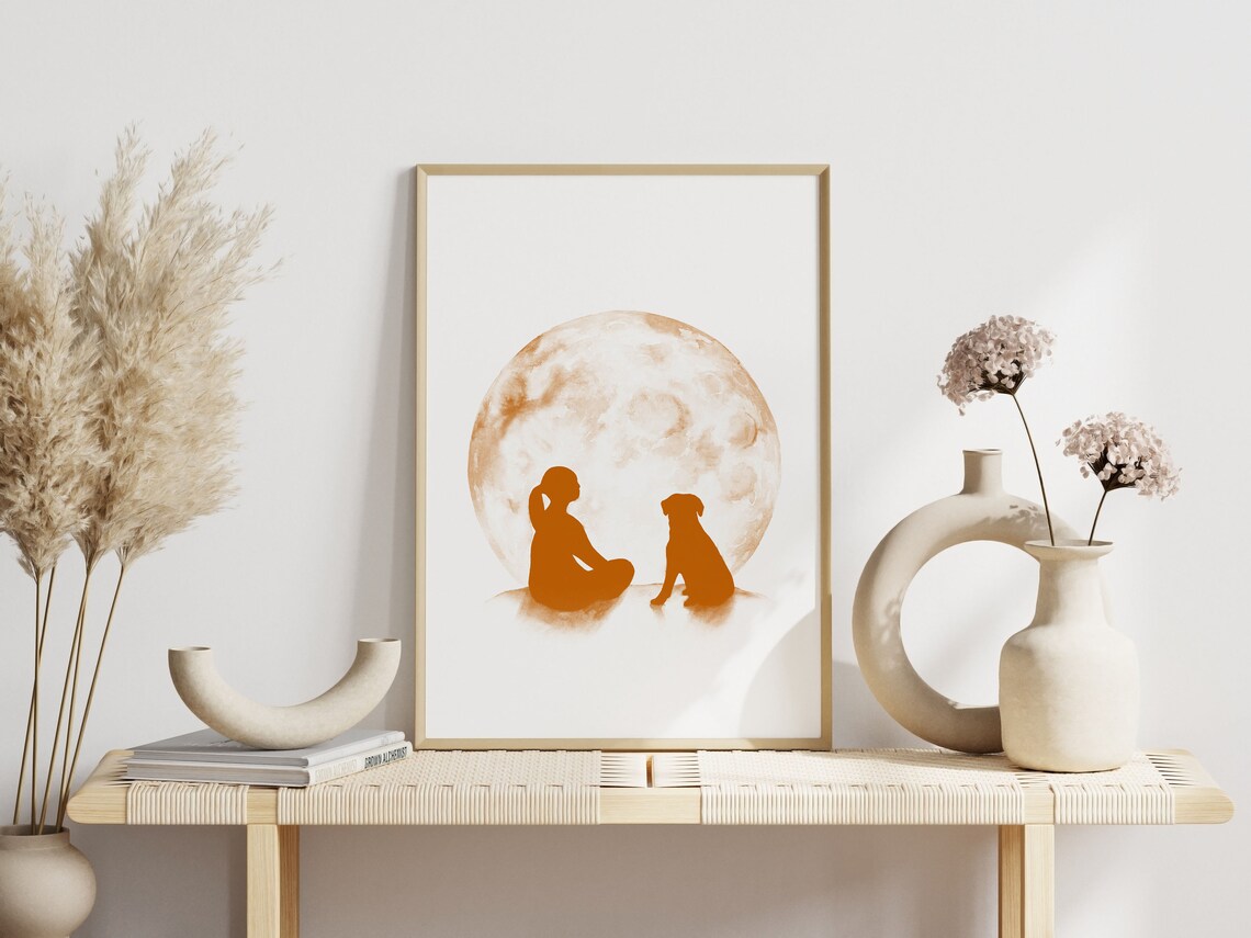 Girl And Dog Silhouette Full Moon Terracotta Watercolor Art Print - Image 2