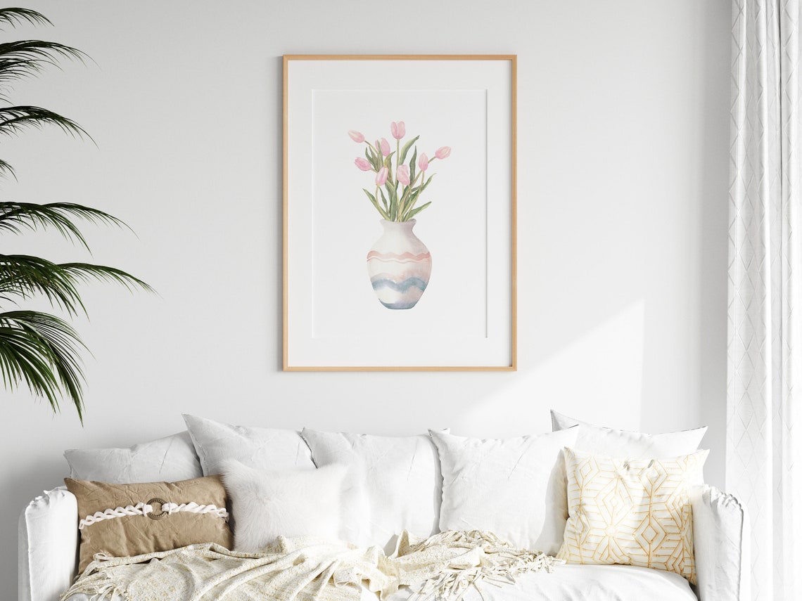Pink Tulips Striped Ceramic Vase Watercolor Spring Blossom Poster - Image 2