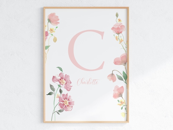 Personalized Floral Initial Watercolor Nursery Name Art Print