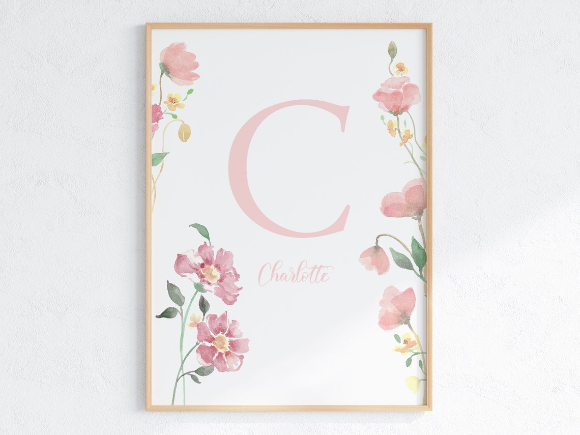 Personalized Floral Initial Watercolor Nursery Name Art Print