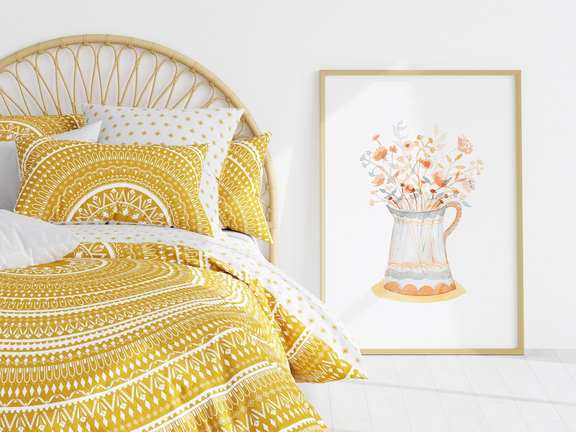 Soft Boho Watercolor Wildflowers in a Ceramic Pitcher Wall Art - Image 2
