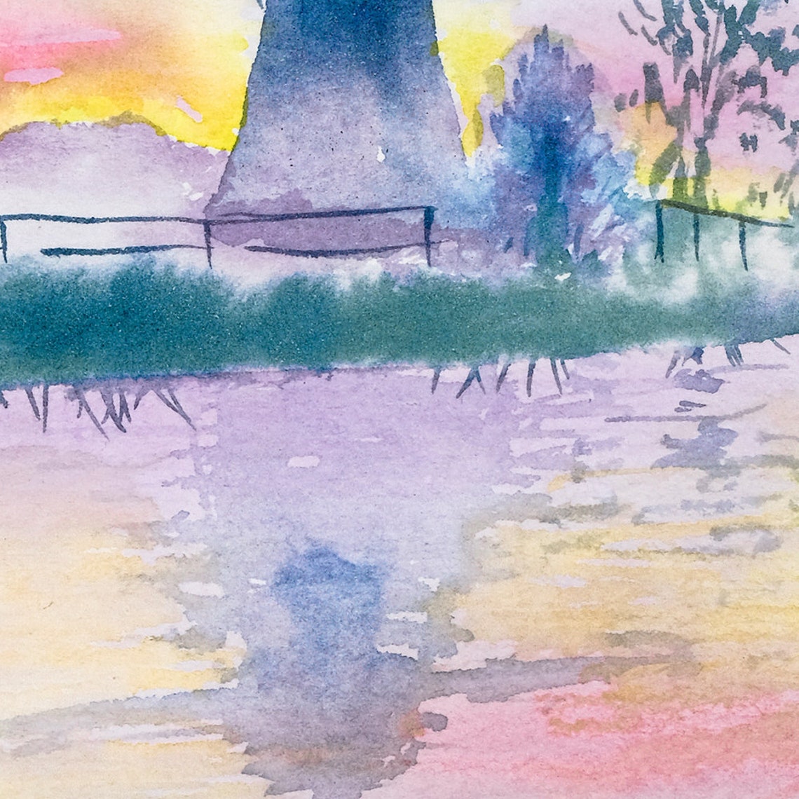 Dutch Windmill Sunset Watercolor Netherlands Landscape Poster - Image 2