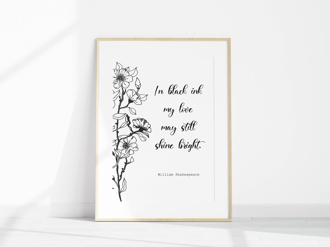 Classic Shakespeare In Black Ink Love Quote Floral Line Art Poster - Image 2