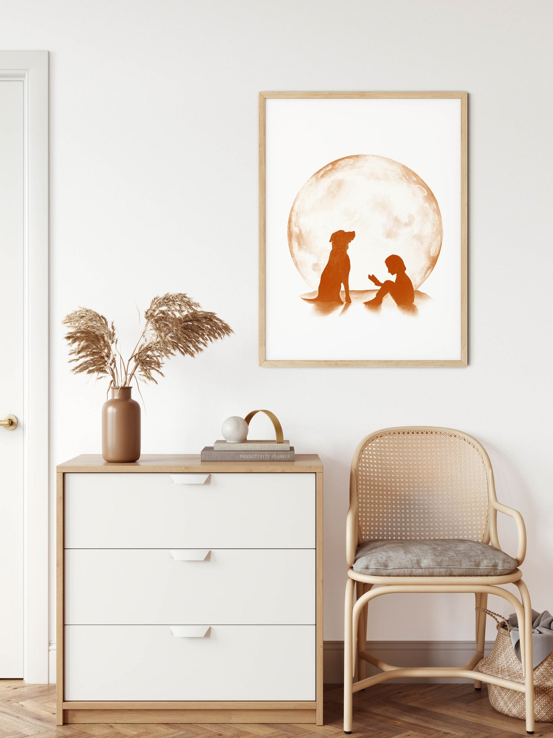 Dog And Child Reading Under Harvest Moon Silhouette Art Poster - Image 3