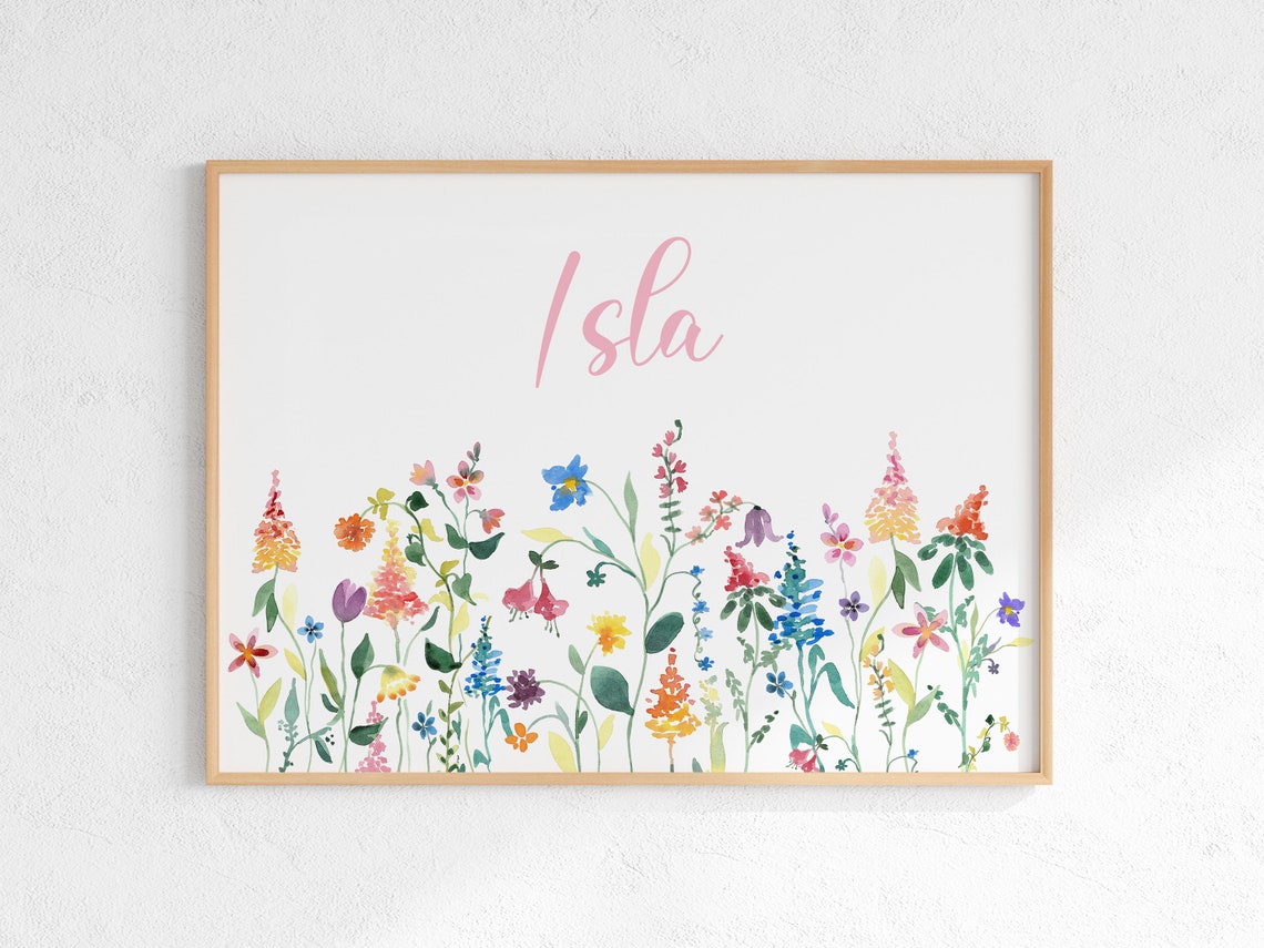 Personalized Wildflower Name Nursery Poster with Rainbow Meadow Blooms - Image 2