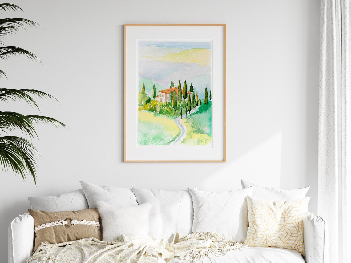 Tuscany Italy Villa Cypress Trees Hillside Watercolor Poster - Image 3