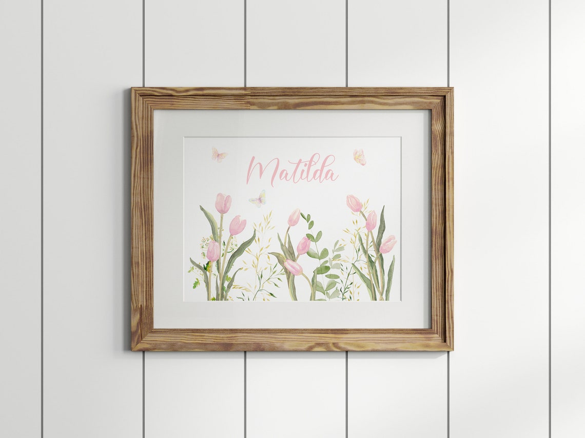 Personalized Matilda Name Pink Tulips Watercolor Nursery Poster - Image 2