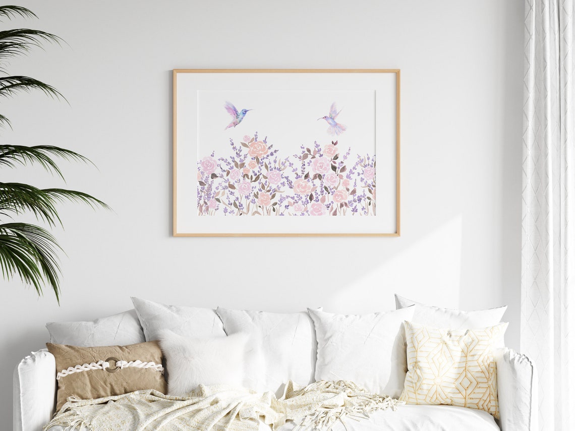Hummingbirds and Lavender Watercolor Poster with Pink Rose Garden - Image 2