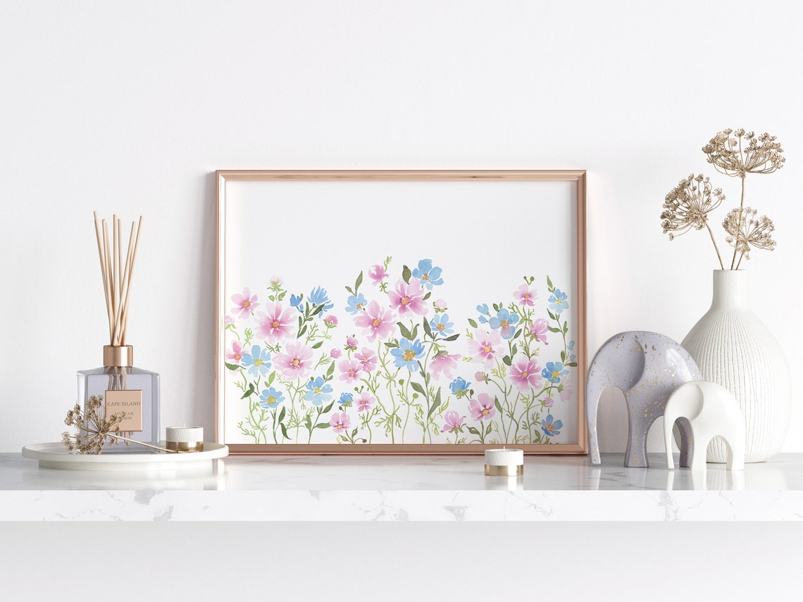 Pink And Blue Cosmos Wildflowers Watercolor Horizontal Art Poster - Image 2
