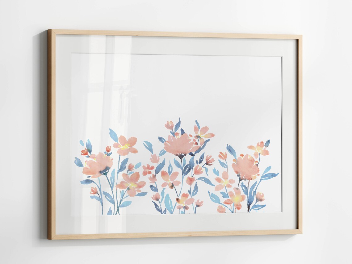 Pink and Blue Wildflower Watercolor Art Print, Horizontal