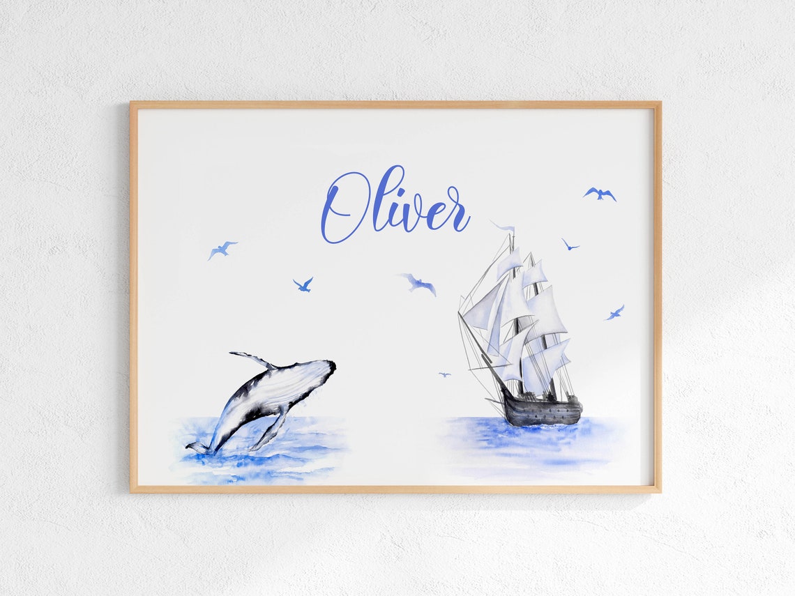 Oliver Personalized Sailboat Humpback Whale Nautical Nursery Poster - Image 2