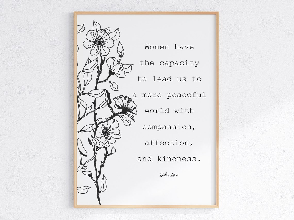 Dalai Lama Women Lead Peaceful World Quote Floral Line Art Poster