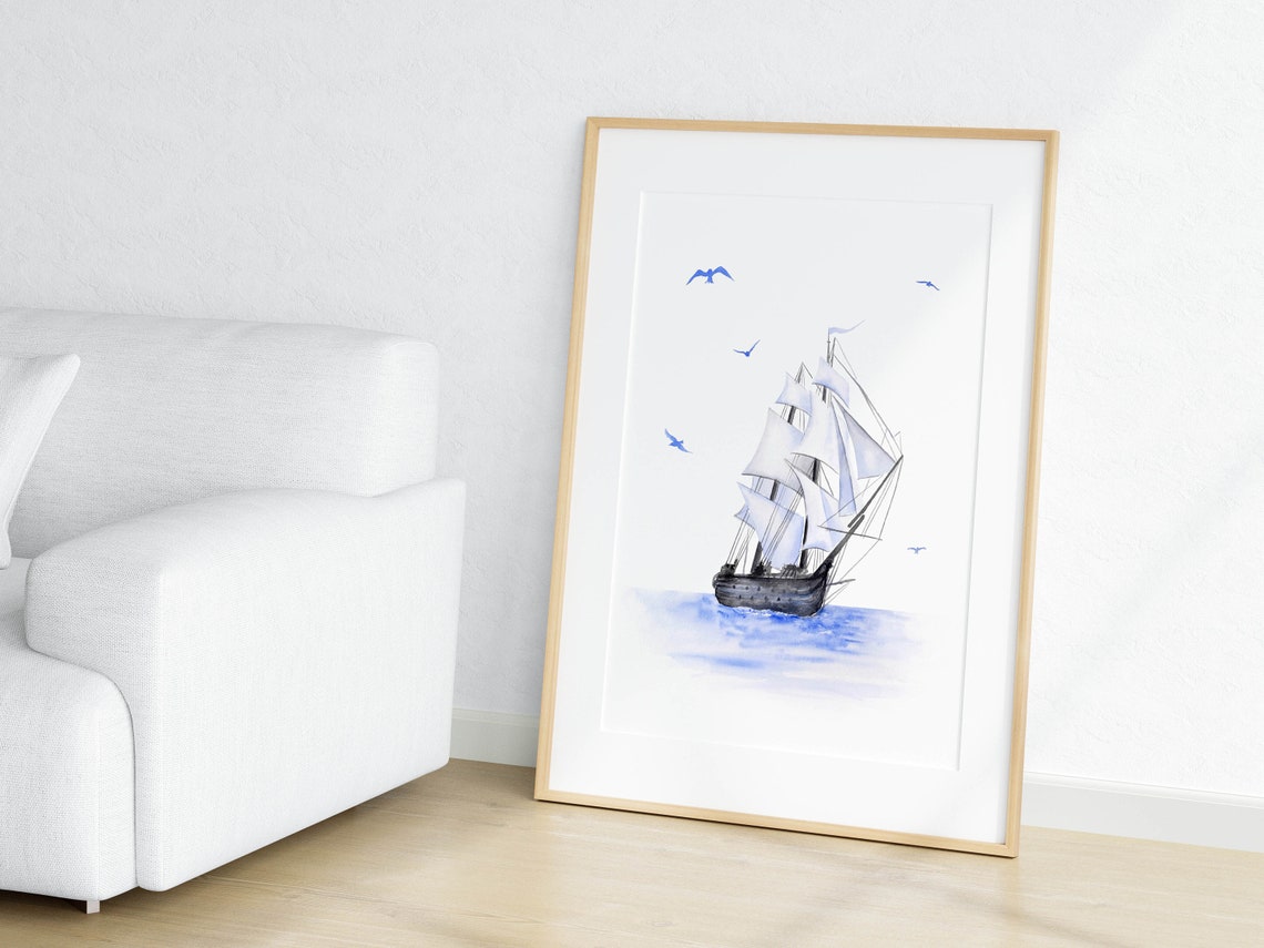 Monochrome Blue Watercolor Tall Sailing Ship Seagulls Art Poster - Image 3