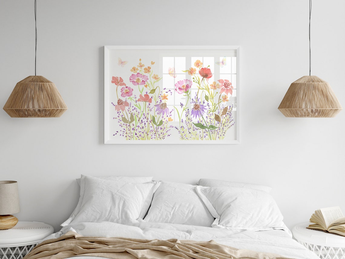 Butterflies and Wildflowers Watercolor Poster in Horizontal Format - Image 2