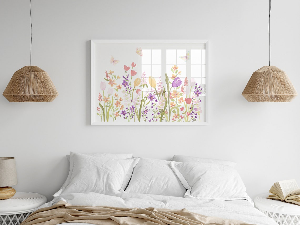 Pastel Wildflowers With Butterflies Watercolor Floral Art Print - Image 3