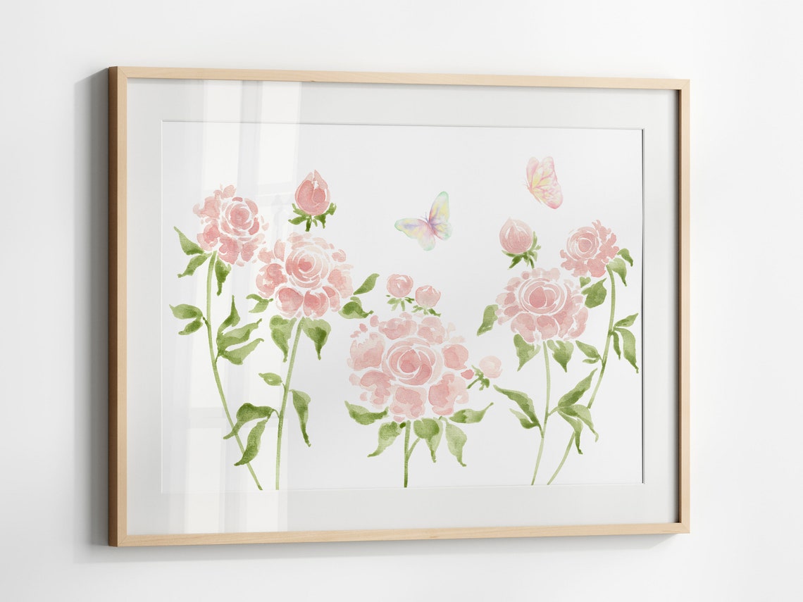 Pink Peonies Watercolor with Butterflies Horizontal Floral Poster - Image 3