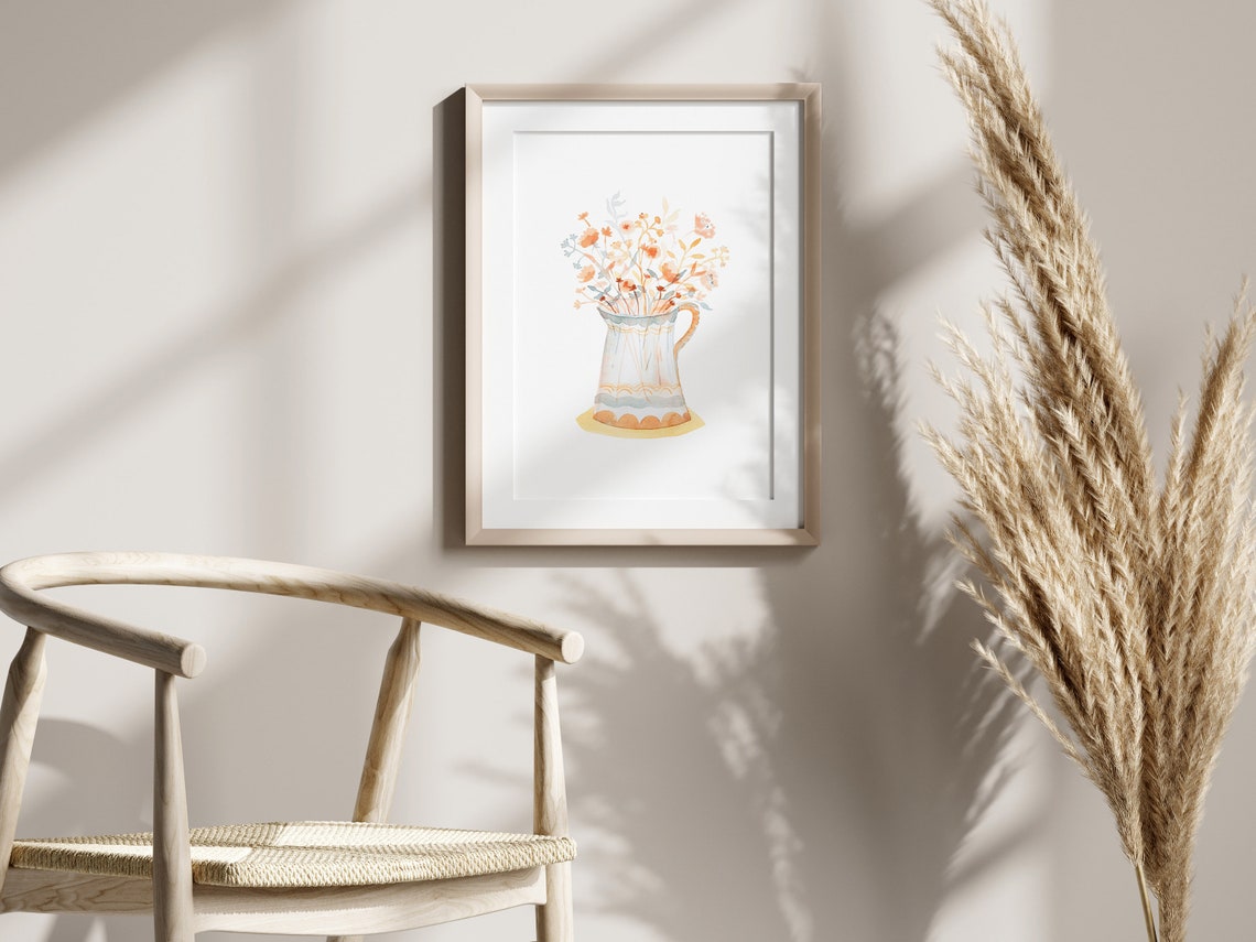 Soft Boho Watercolor Wildflowers in a Ceramic Pitcher Wall Art - Image 3