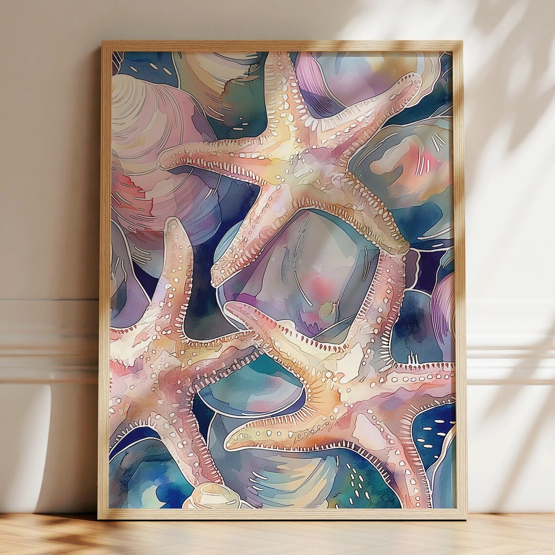 Starfish Seashells Watercolor Beachy Coastal Marine Art Poster