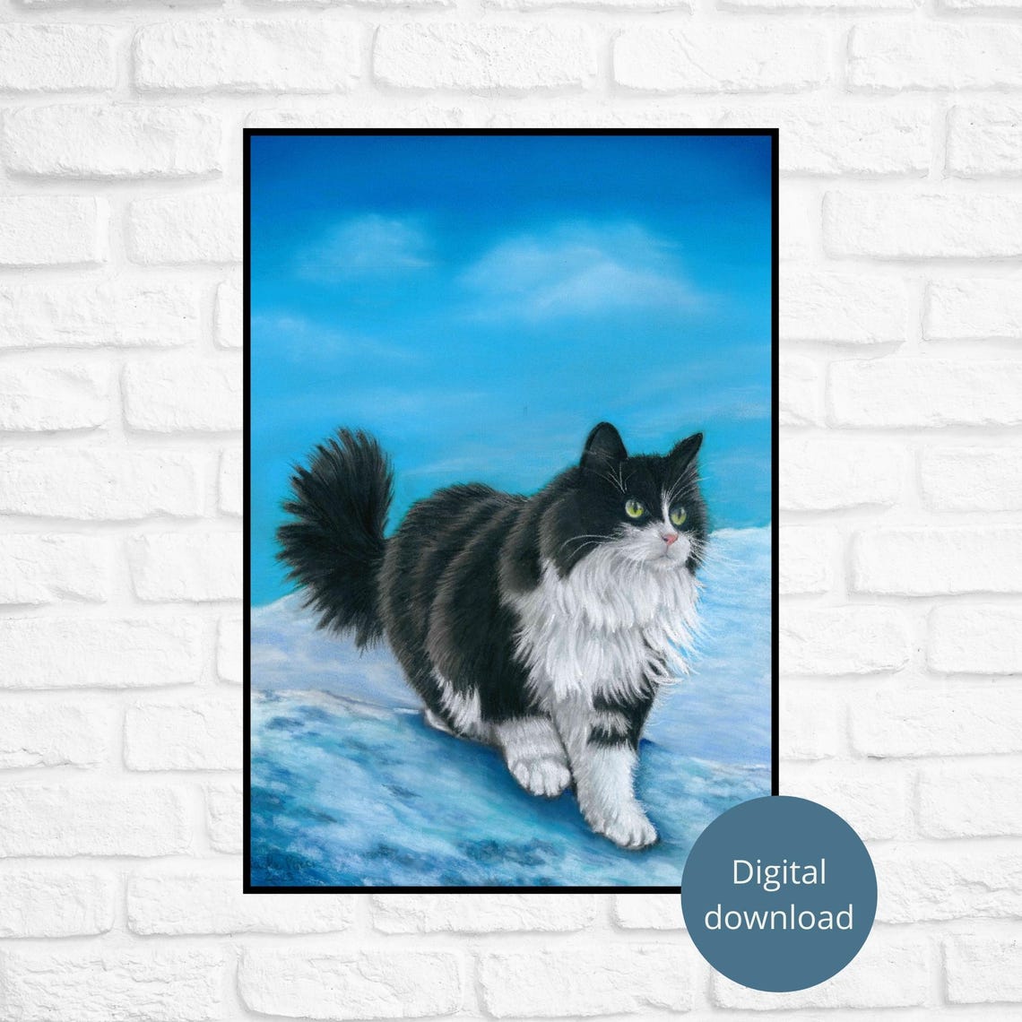 Black And White Longhair Cat Standing In Snow Bright Blue Sky Poster