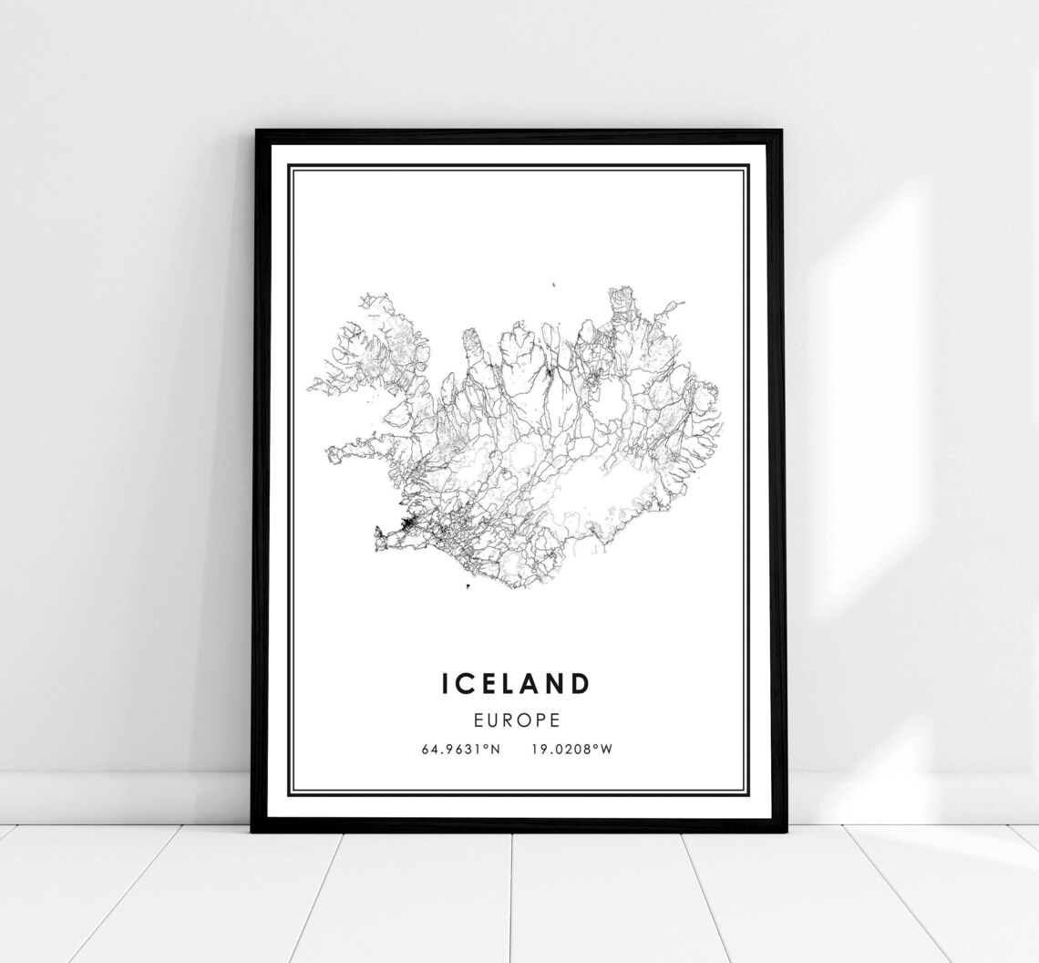 Iceland Country Map Travel Poster, Road Map