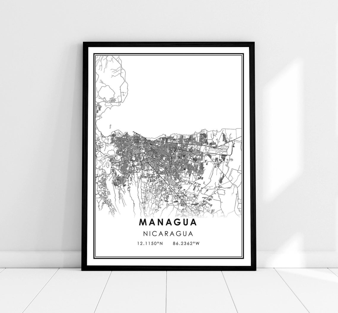 Managua Nicaragua City Street Map Coordinates Minimalist Print