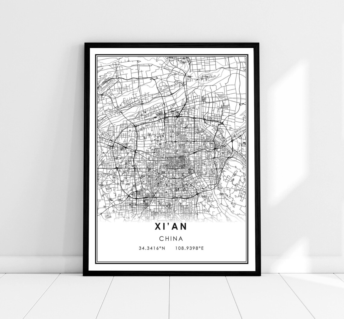 Xian Map Travel Poster, China City Wall Art