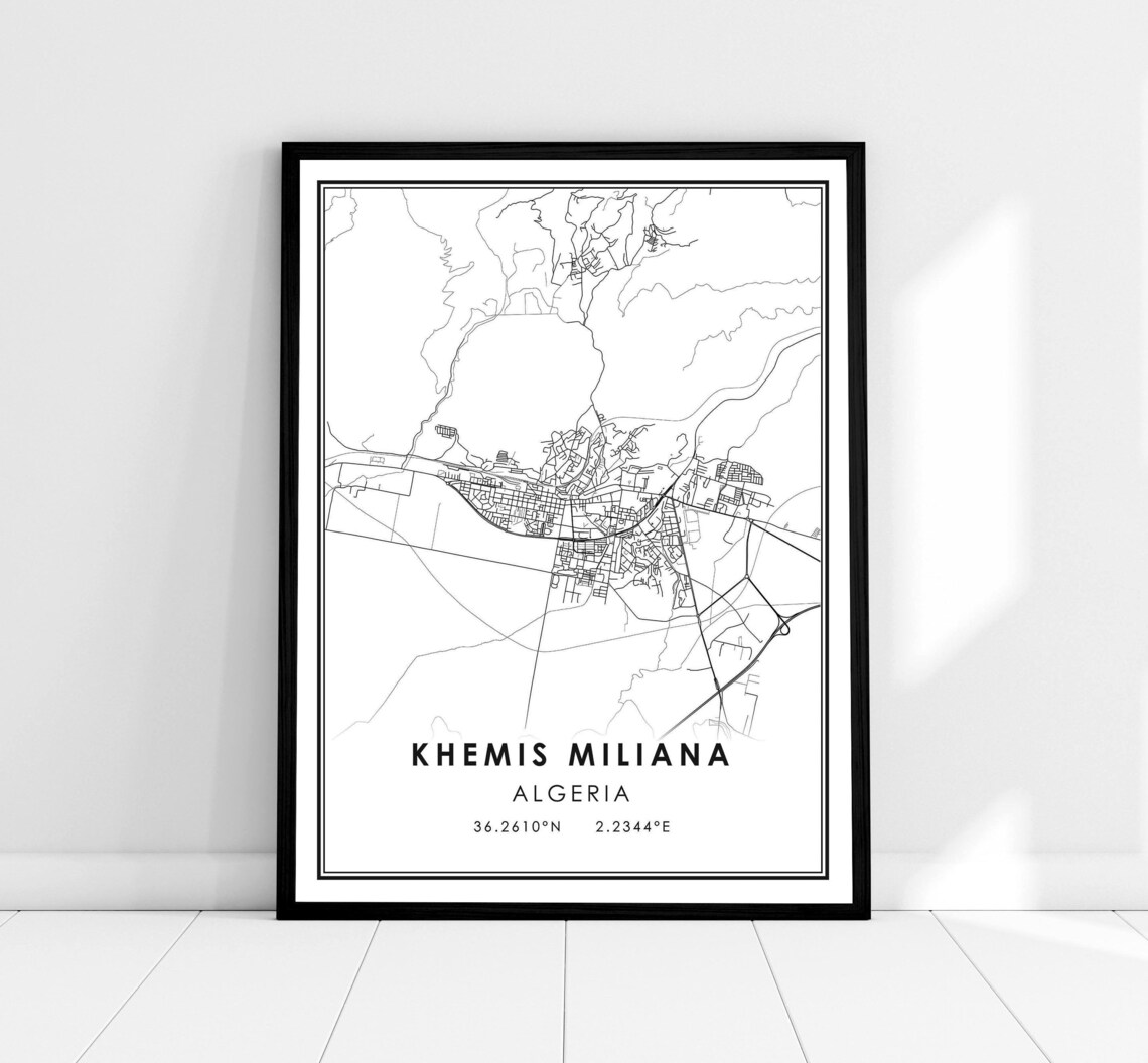 Khemis Miliana Algeria Minimalist Black And White City Street Map Poster