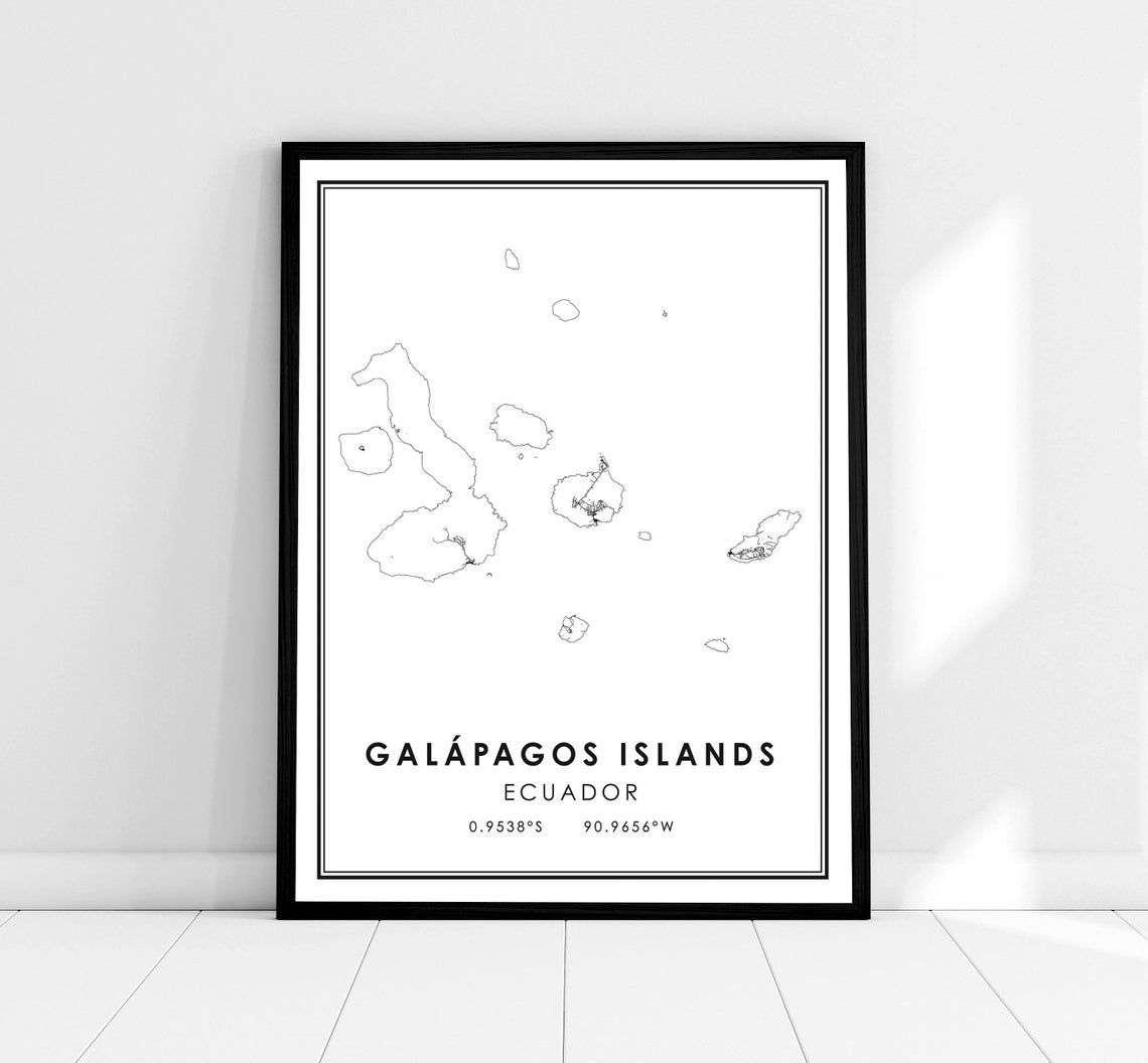 Galapagos Islands Ecuador Line Map Coordinates Travel Poster
