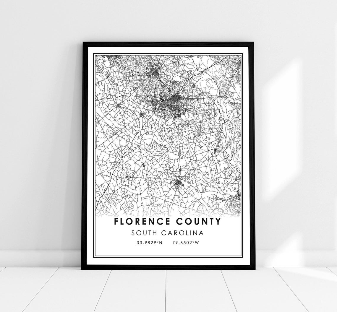 Florence County South Carolina Minimalist Black White Map Print