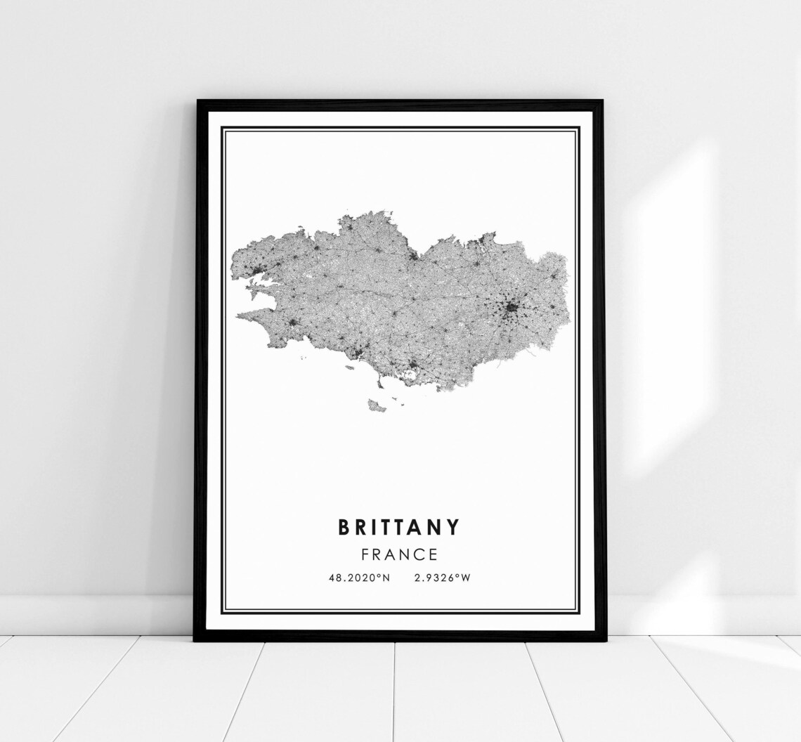 Brittany France Regional Map Minimalist Black and White Print
