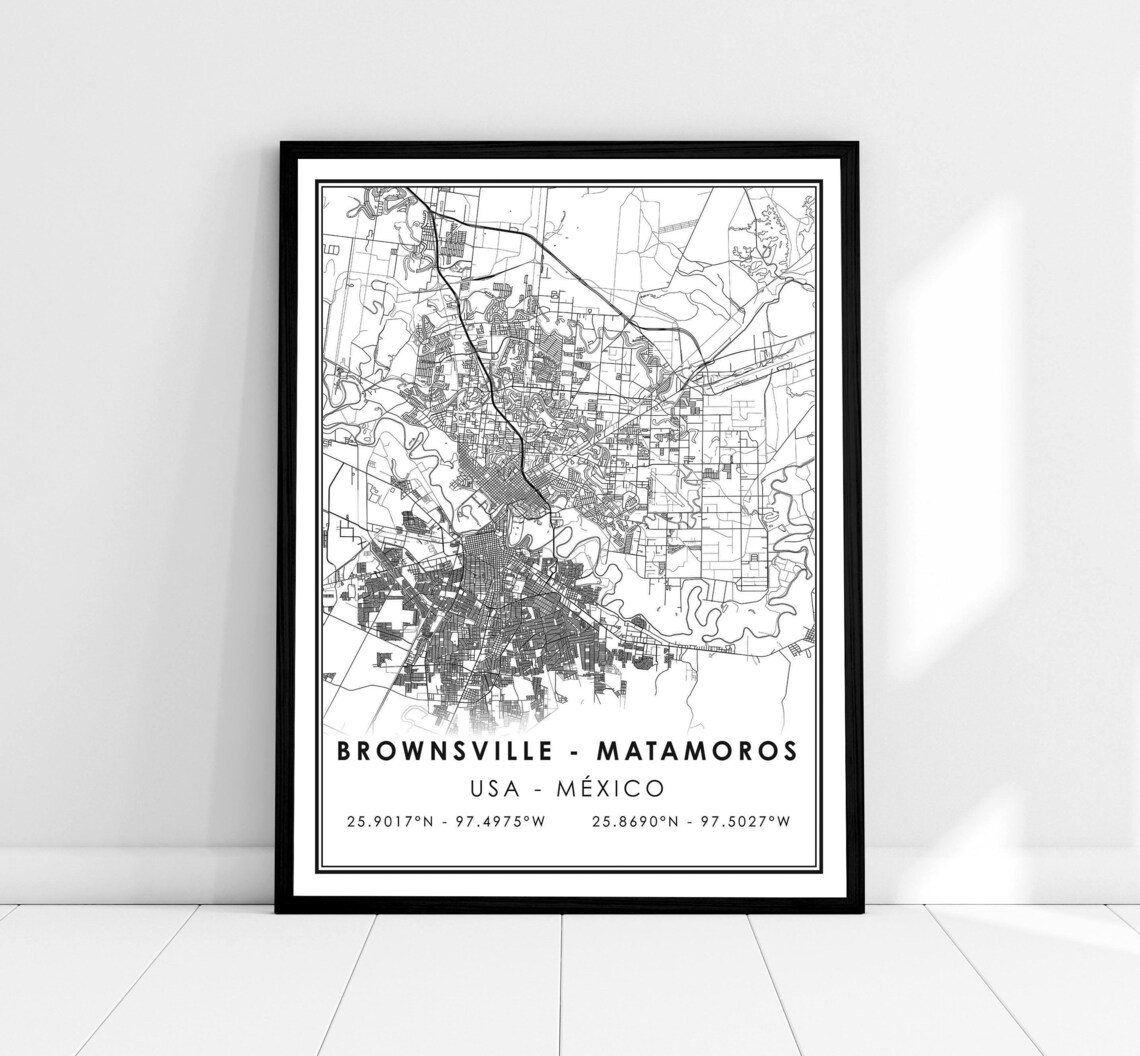 Brownsville Map Print, Matamoros to Mexico City