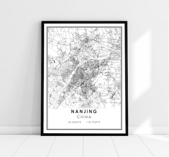 Nanjing China Minimalist Black and White Street Map Coordinates Poster