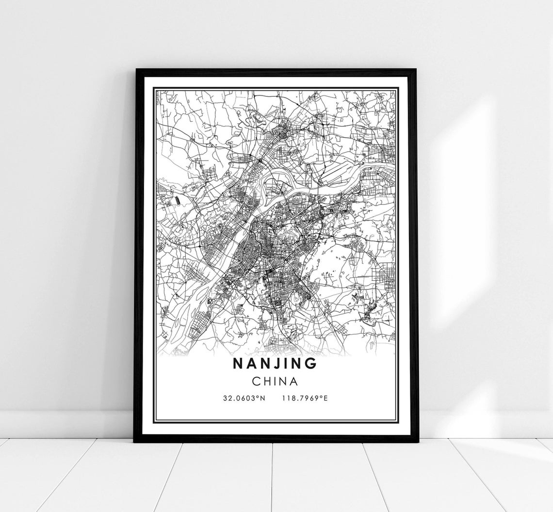 Nanjing China Minimalist Black and White Street Map Coordinates Poster