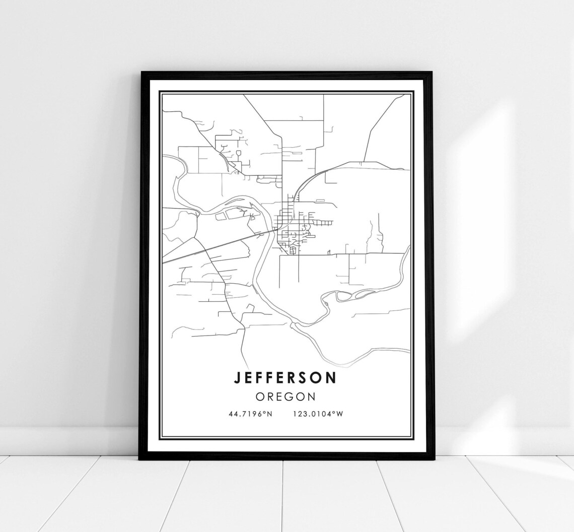 Jefferson Oregon Minimalist City Street Map Coordinates Black White Print