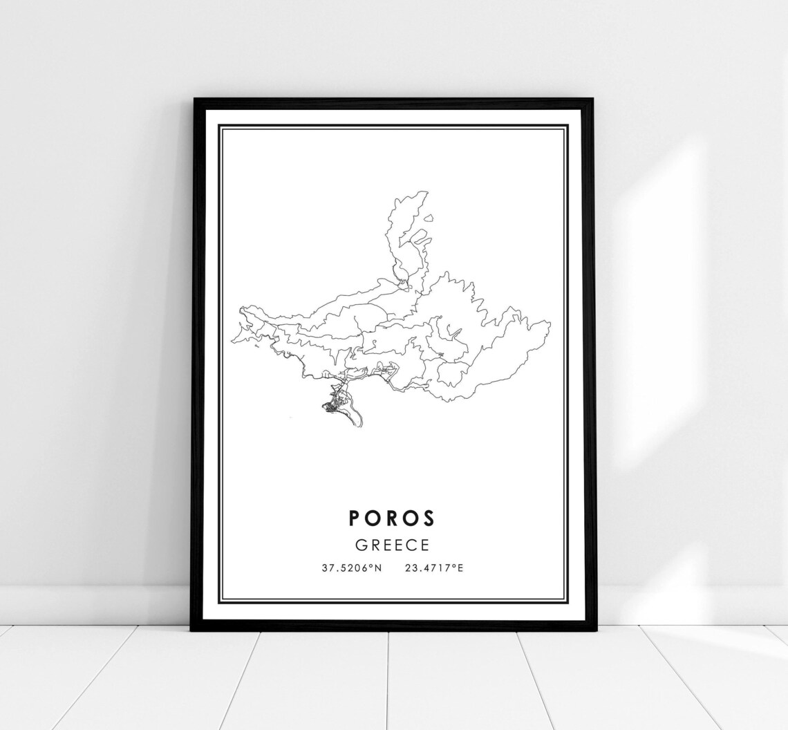 Poros Greece Minimal Island Outline Map Black and White Print