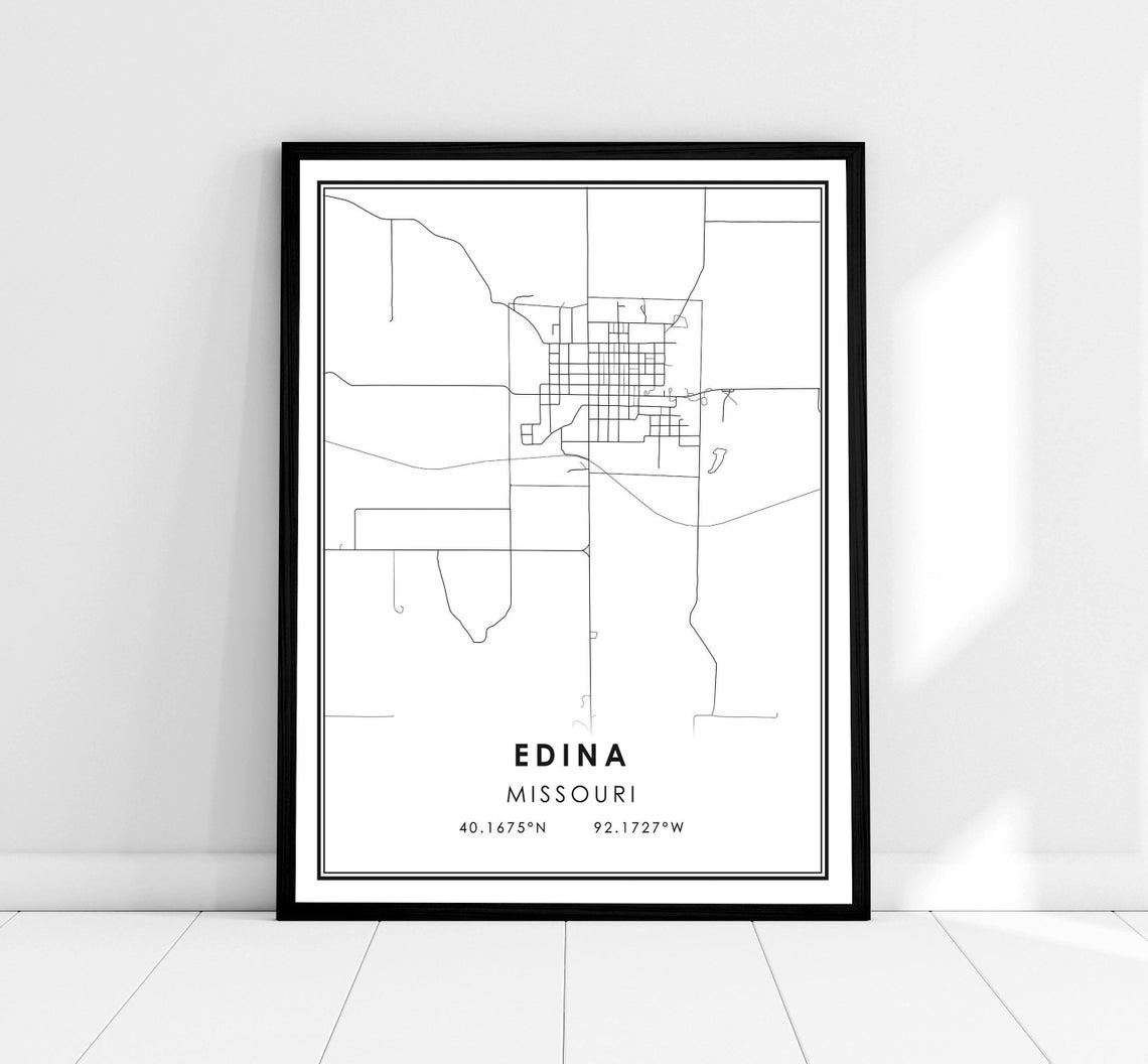 Edina Missouri Street Map Minimalist Black and White Wall Art