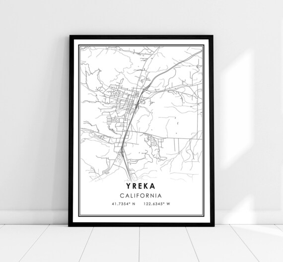 Yreka California Minimalist Black and White City Street Map Poster