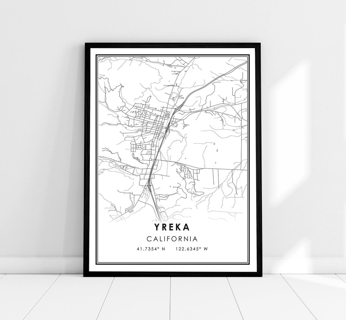 Yreka California Minimalist Black and White City Street Map Poster