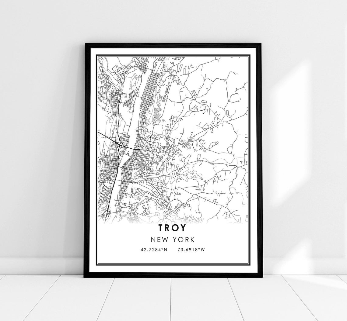 Troy New York Monochrome Minimalist Street Map Home Decor Poster