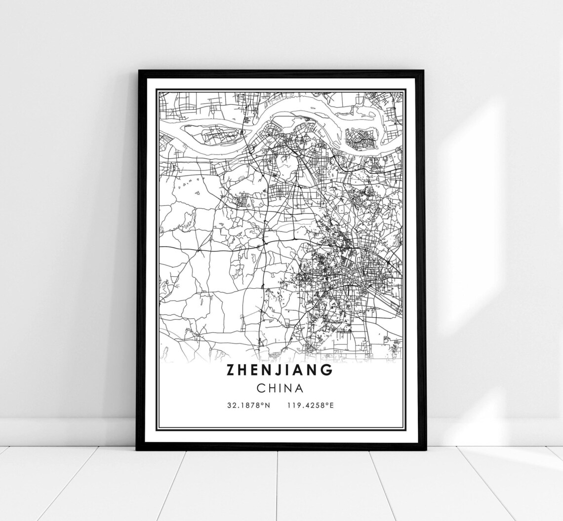 Zhenjiang China Black and White Minimalist City Street Map Poster