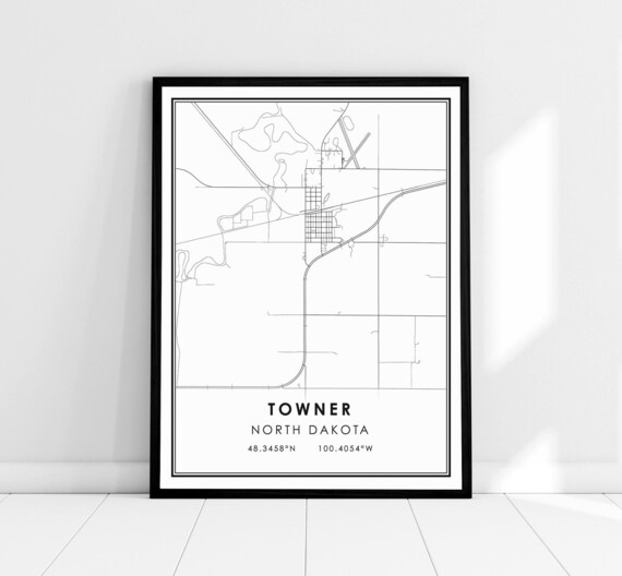 Towner North Dakota Minimalist Black and White City Street Map Poster