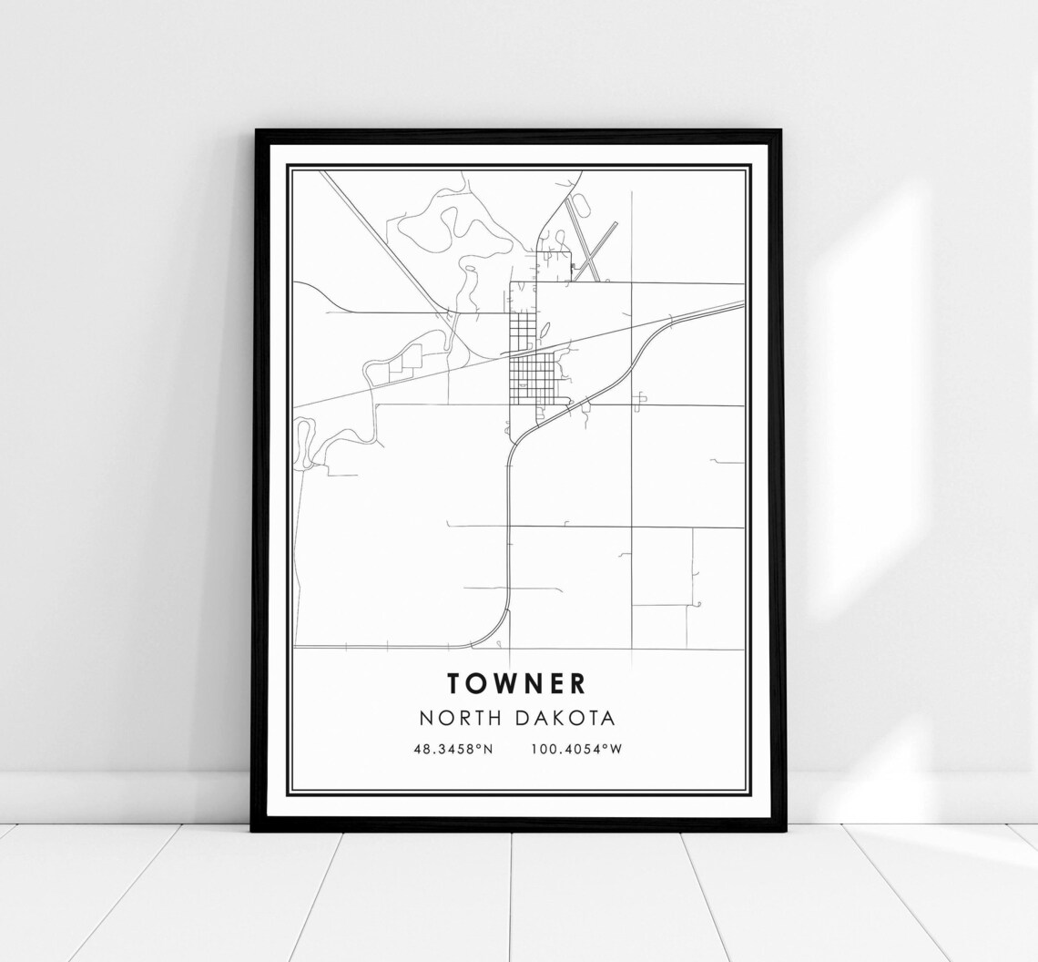 Towner North Dakota Minimalist Black and White City Street Map Poster