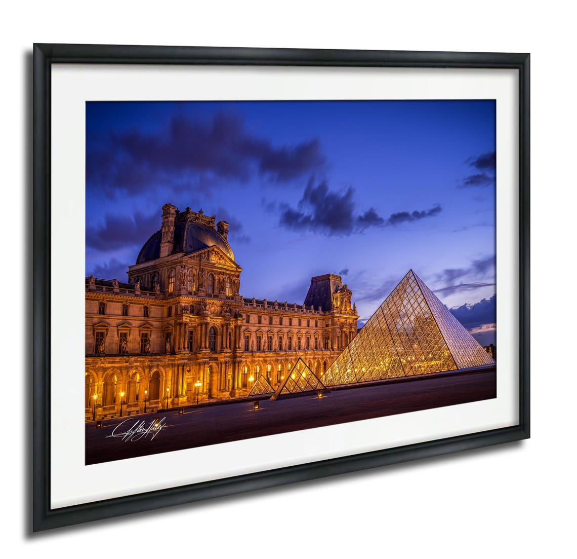 Louvre Museum Glass Pyramid Glowing at Blue Hour in Paris Poster