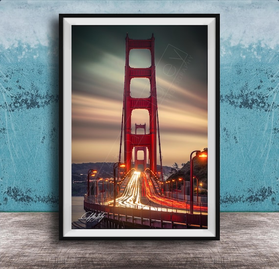 Golden Gate Bridge Red Tower Sunset Light Trails Dramatic Sky Print