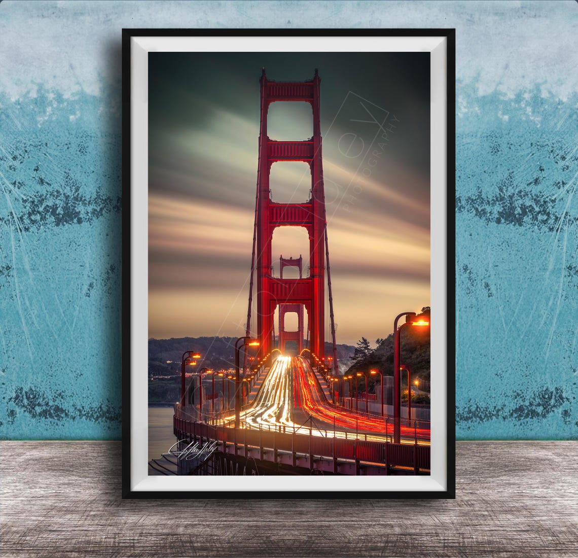 Golden Gate Bridge Red Tower Sunset Light Trails Dramatic Sky Print