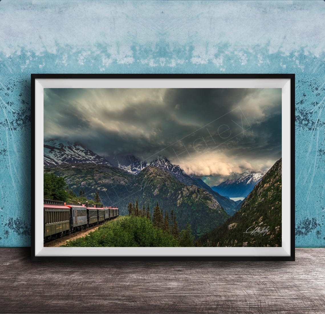 Vintage Mountain Train Crossing Dramatic Cloudy Peaks Travel Poster